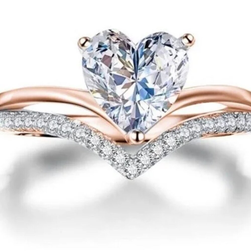 Dainty Rose Gold & Cubic Zirconia Heart Cut Ring in a Sterling Silver Setting